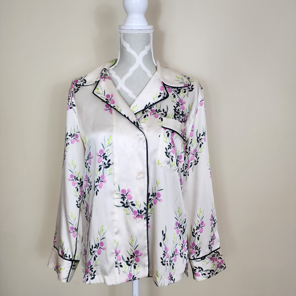 ZARA Floral Button Down Blouse Cream Pajama Style Top Size XS Feminine